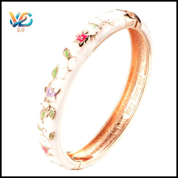 Vintage Enamel Hinged Bangle Bracelet Alloy Metal Floral Design Spring Clasp